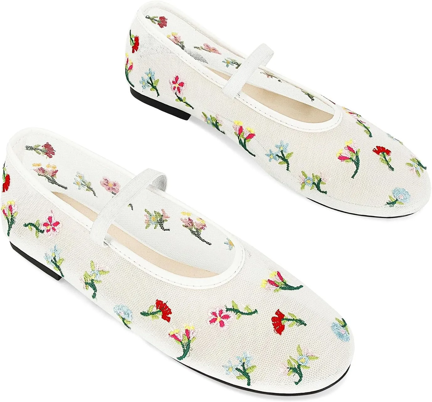 Mesh Ballet Flats for Women Embroidered Floral Mary Jane Flats Comfortable Casual Daily Dress Ballerina Shoes