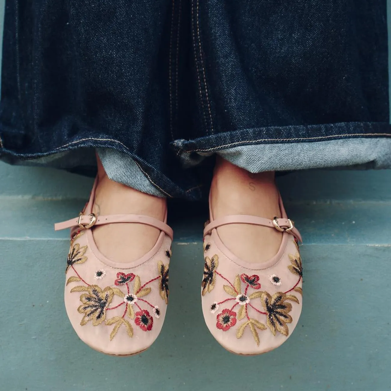 Mesh Ballet Flats for Women Embroidered Floral Mary Jane Flats Round Toe Slip On Ballerina Shoes Comfortable Casual Daily Dress Flat Shoes