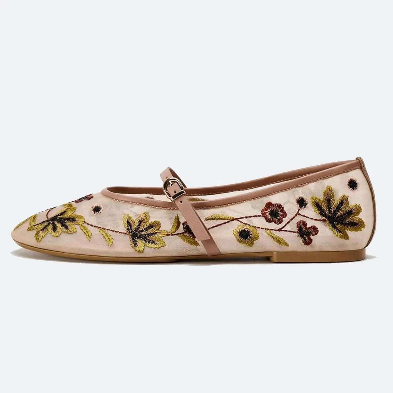 Mesh Ballet Flats for Women Embroidered Floral Mary Jane Flats Round Toe Slip On Ballerina Shoes Comfortable Casual Daily Dress Flat Shoes