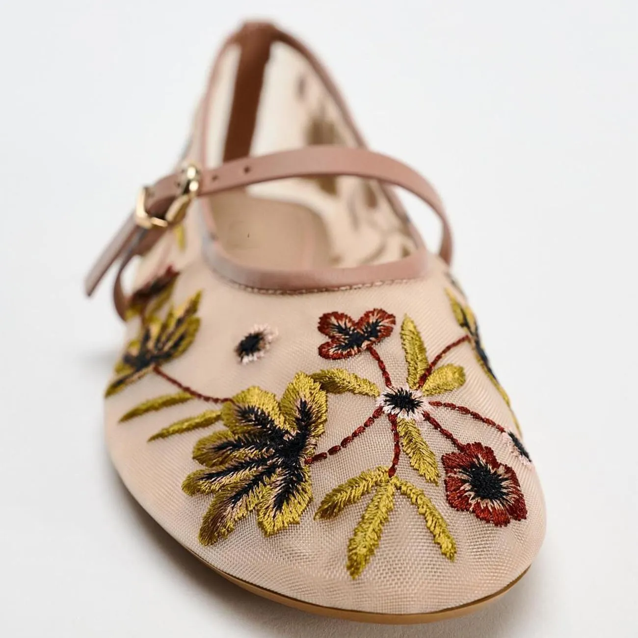 Mesh Ballet Flats for Women Embroidered Floral Mary Jane Flats Round Toe Slip On Ballerina Shoes Comfortable Casual Daily Dress Flat Shoes