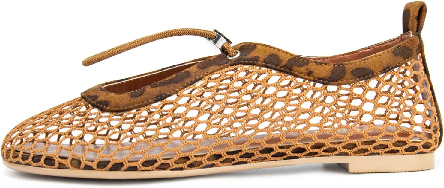Mesh Ballet Flats for Women Round Toe Fishnet Mary Jane Flats Buckle Strap Casual Comfortable Office Ballerina Shoes