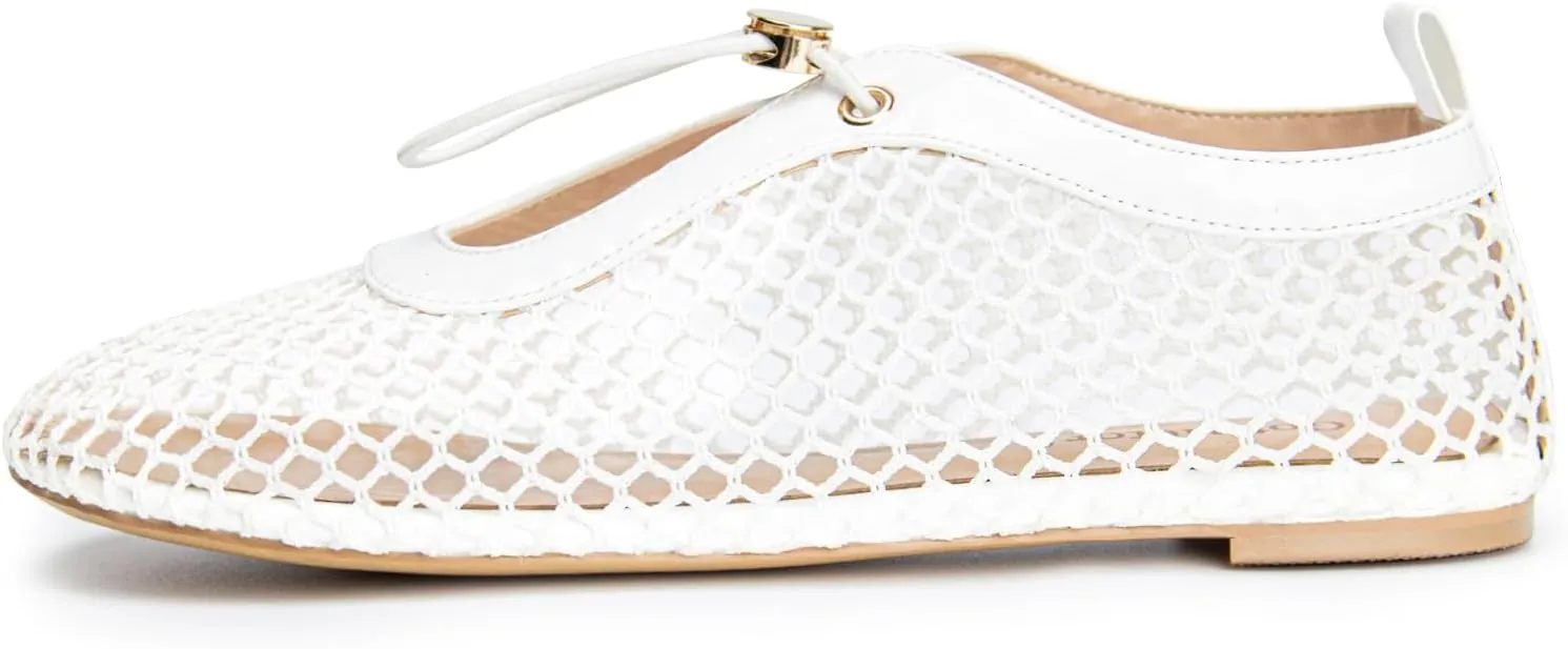 Mesh Ballet Flats for Women Round Toe Fishnet Mary Jane Flats Buckle Strap Casual Comfortable Office Ballerina Shoes