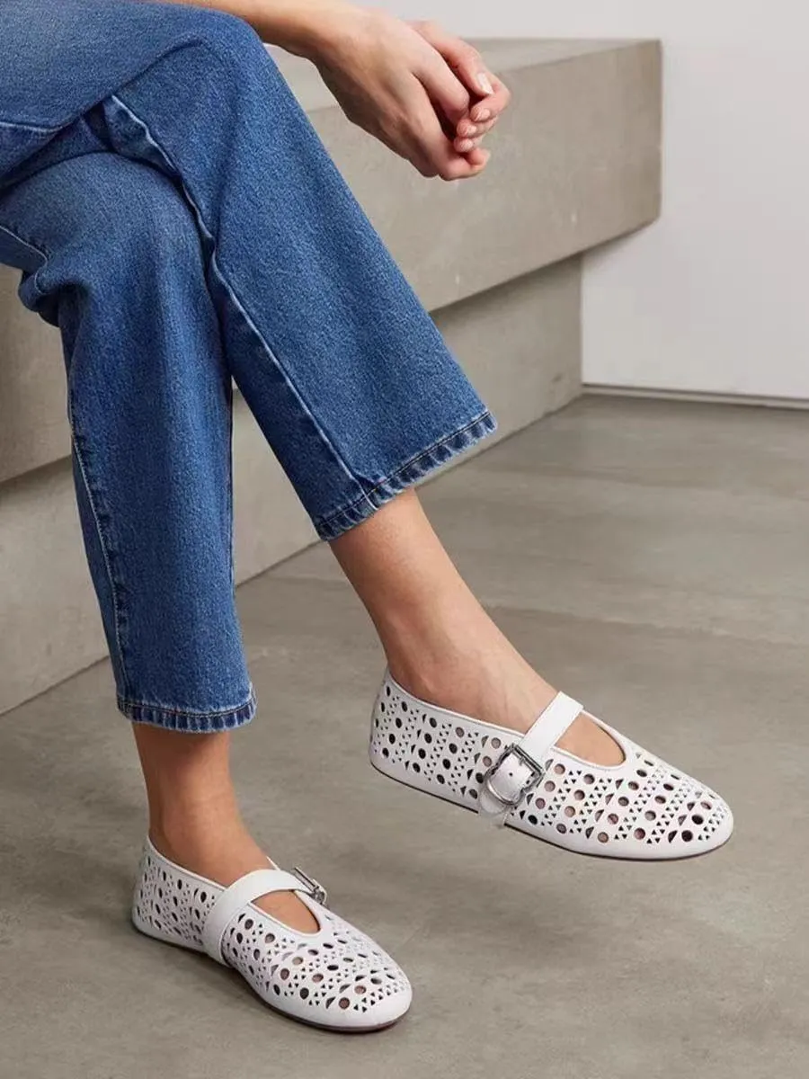 Mesh Ballet Flats for Women,Buckle Strap Hollow Out Mary Jane Flats Round Toe Breathable Comfortable Casual Daily Dress Ballerina Shoes