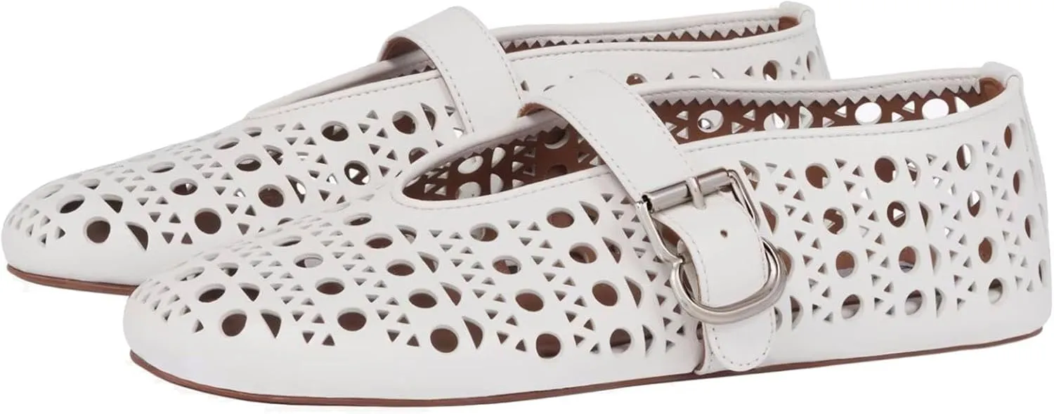 Mesh Ballet Flats for Women,Buckle Strap Hollow Out Mary Jane Flats Round Toe Breathable Comfortable Casual Daily Dress Ballerina Shoes