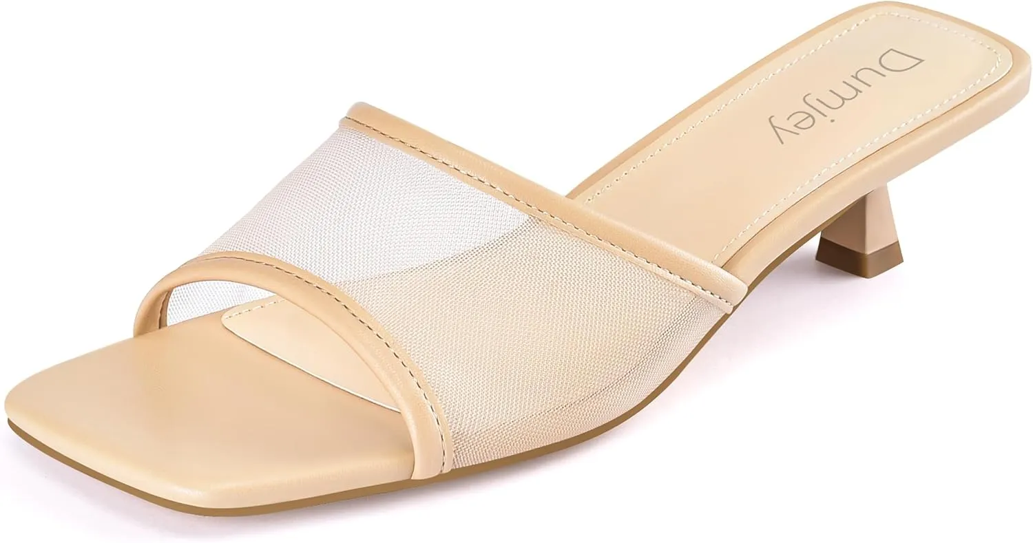 Mesh Heel Mules for Women Kitten Heeled Sandals Square Open Toe Comfort Slip On Casual Shoes