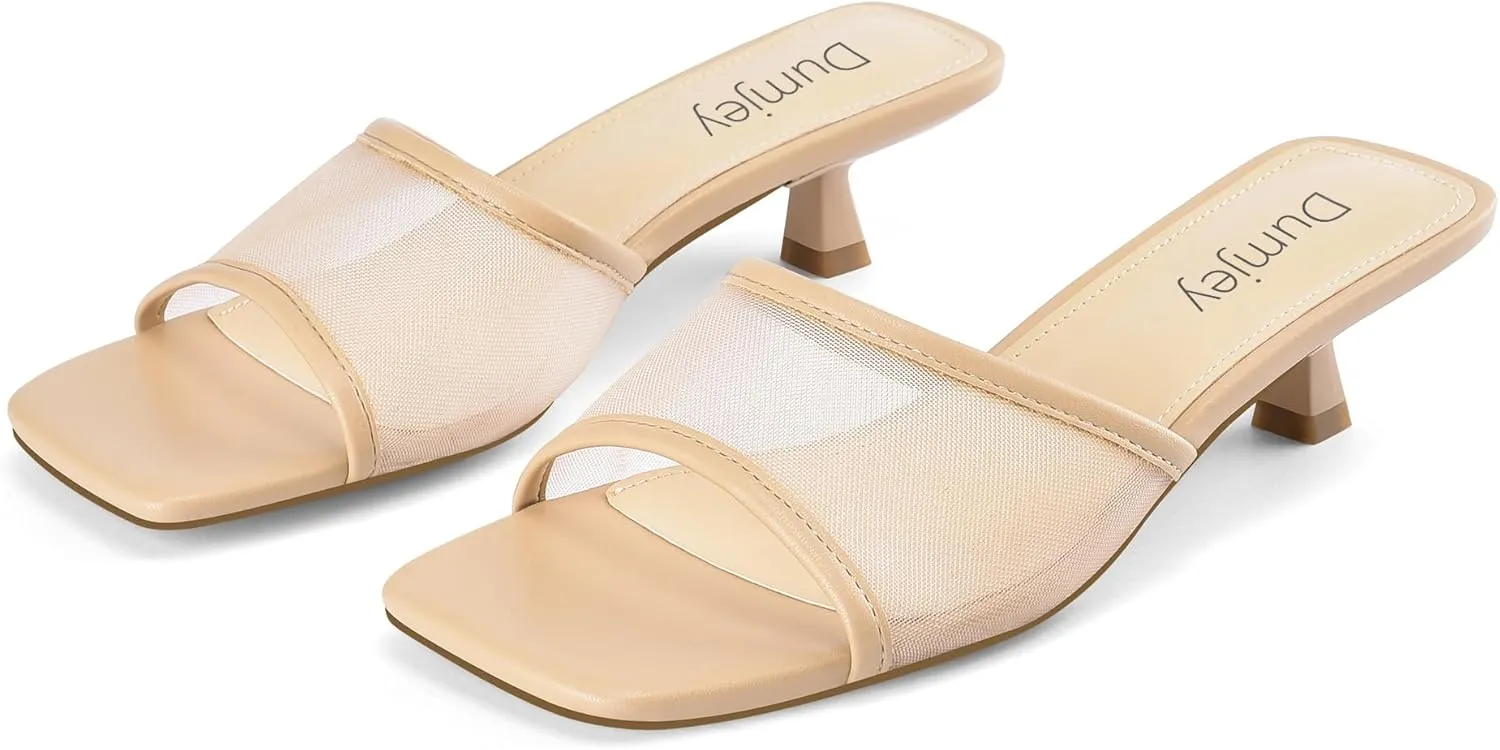 Mesh Heel Mules for Women Kitten Heeled Sandals Square Open Toe Comfort Slip On Casual Shoes