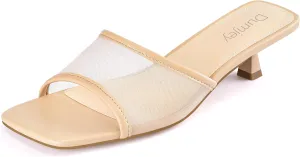 Mesh Heel Mules for Women Kitten Heeled Sandals Square Open Toe Comfort Slip On Casual Shoes