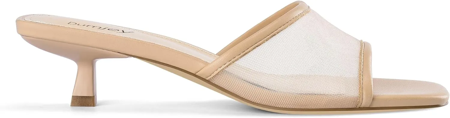 Mesh Heel Mules for Women Kitten Heeled Sandals Square Open Toe Comfort Slip On Casual Shoes