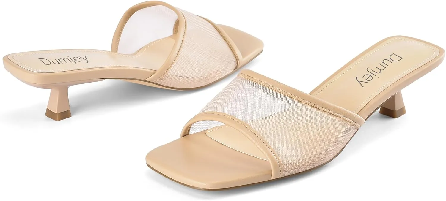 Mesh Heel Mules for Women Kitten Heeled Sandals Square Open Toe Comfort Slip On Casual Shoes