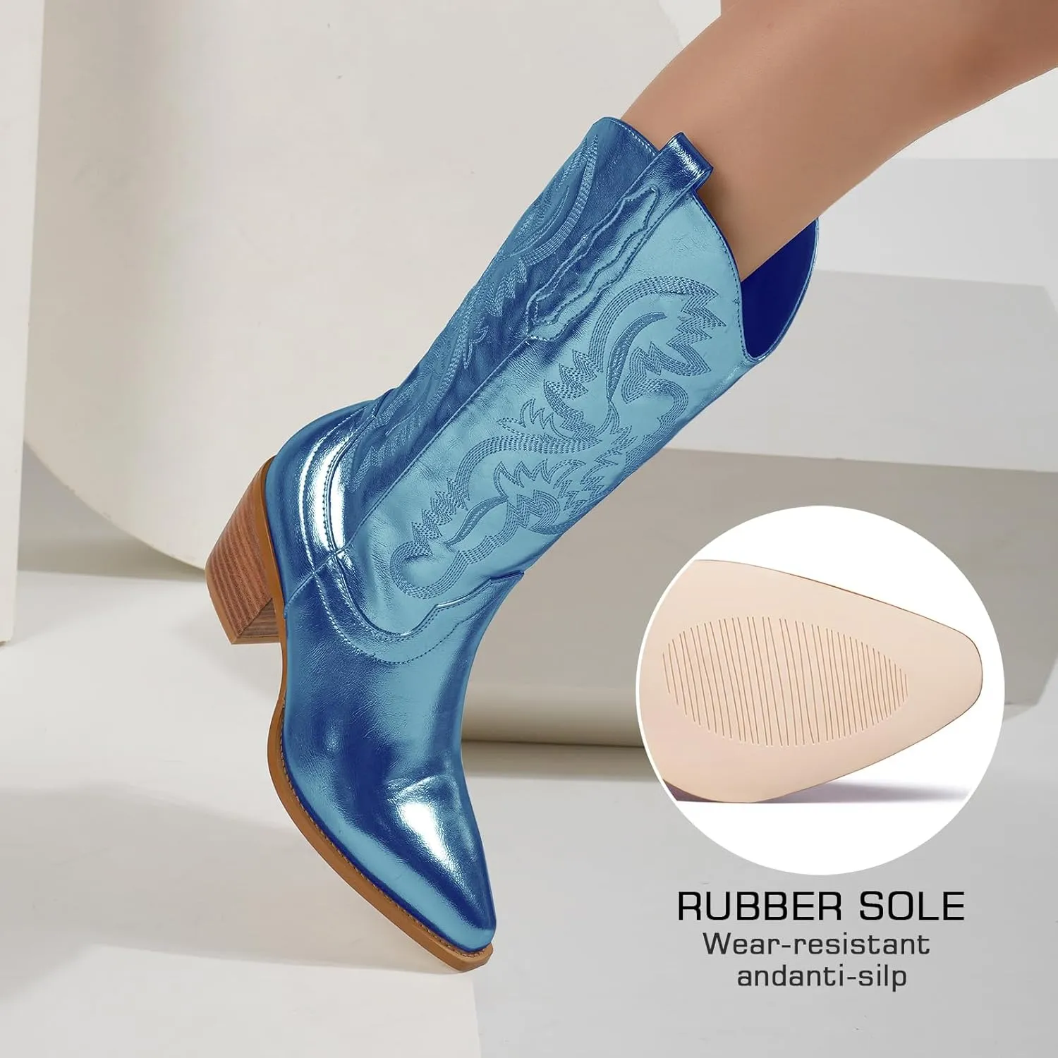 Mid Calf Metallic Cowboy Boots For Women Glitter Western Embroidered Cowgirl Boots Wide Calf Chunky Heel Wide Calf Short Boots Pull on Pointy Toe Fashion Vintage Boots