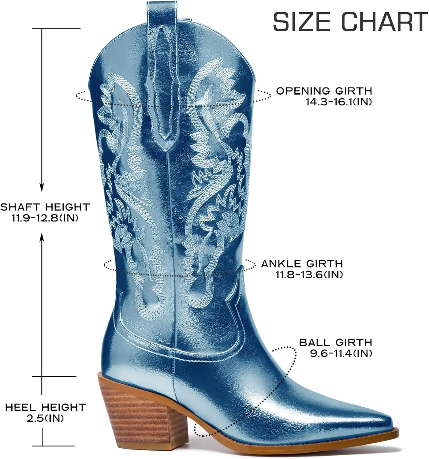 Mid Calf Metallic Cowboy Boots For Women Glitter Western Embroidered Cowgirl Boots Wide Calf Chunky Heel Wide Calf Short Boots Pull on Pointy Toe Fashion Vintage Boots