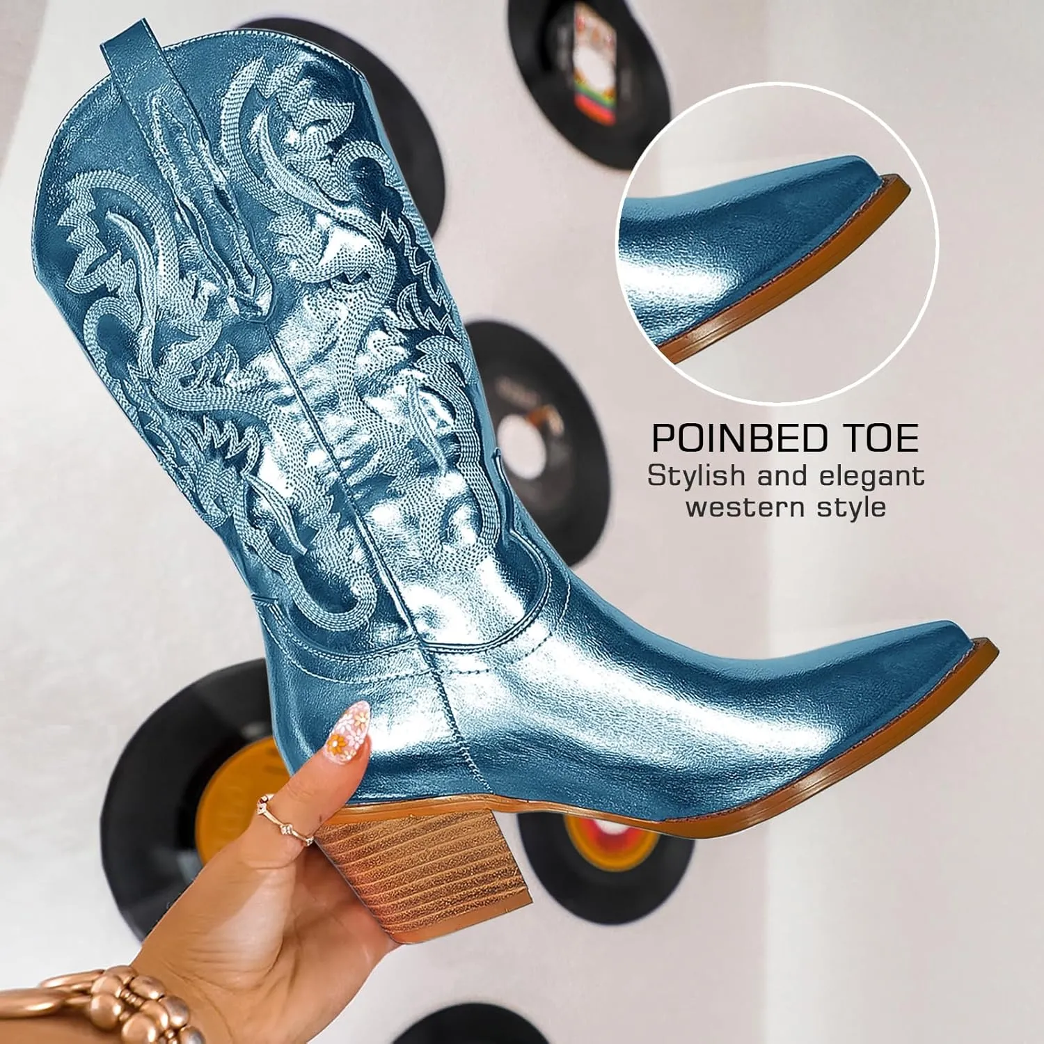 Mid Calf Metallic Cowboy Boots For Women Glitter Western Embroidered Cowgirl Boots Wide Calf Chunky Heel Wide Calf Short Boots Pull on Pointy Toe Fashion Vintage Boots