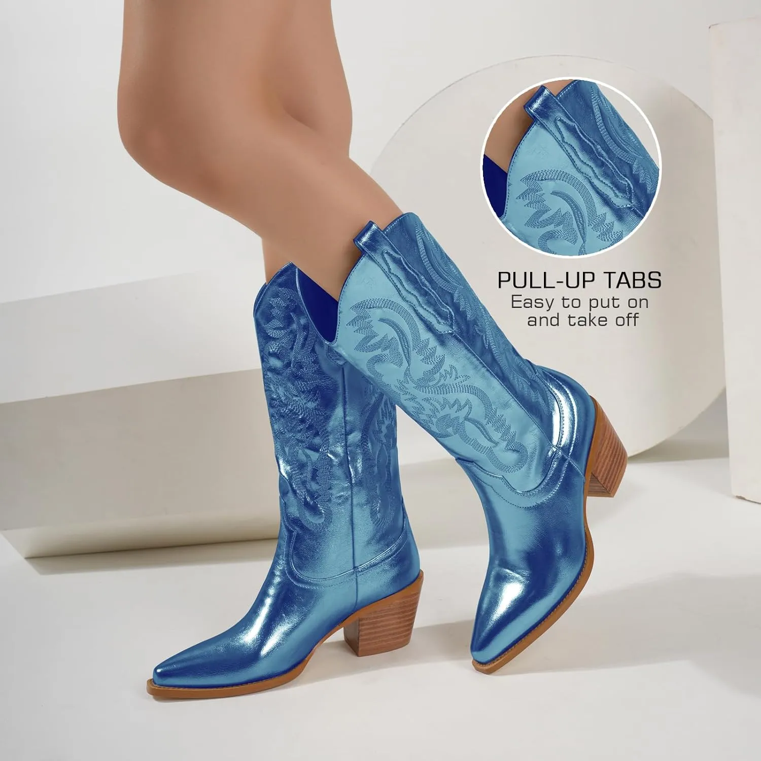 Mid Calf Metallic Cowboy Boots For Women Glitter Western Embroidered Cowgirl Boots Wide Calf Chunky Heel Wide Calf Short Boots Pull on Pointy Toe Fashion Vintage Boots