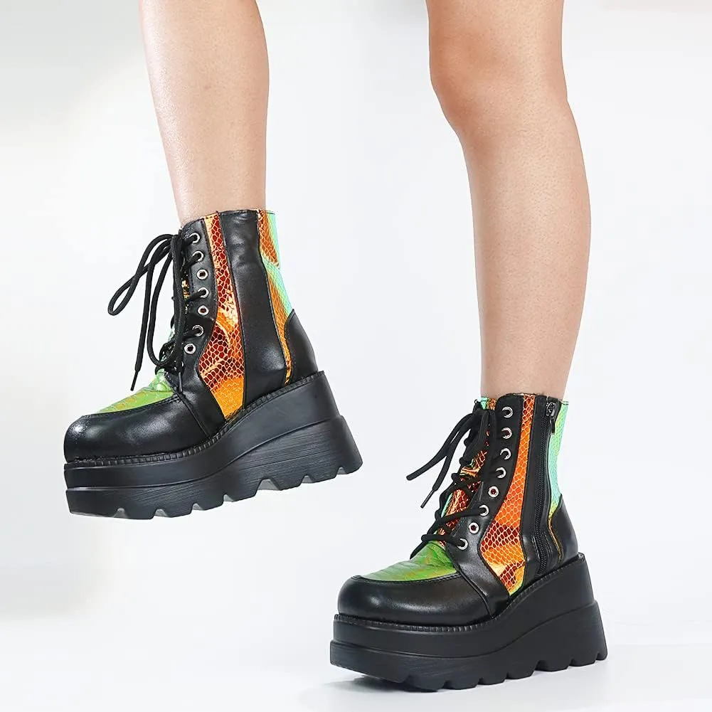 mikarka Holographic Platform Boots for Women, Lace Up Ankle Studded Buckle Goth Stacked Wedge Combat Ankle Boots