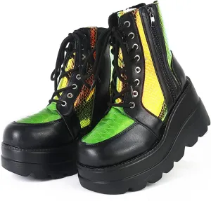 mikarka Holographic Platform Boots for Women, Lace Up Ankle Studded Buckle Goth Stacked Wedge Combat Ankle Boots