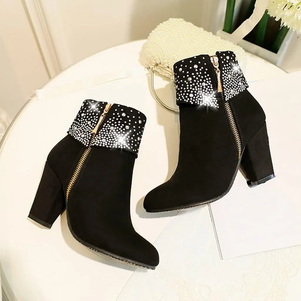 MIOKE Women's Chunky Block High Heel Ankle Boots Rhinestone Round Toe Suede Zipper Bootie Dress Short Boots