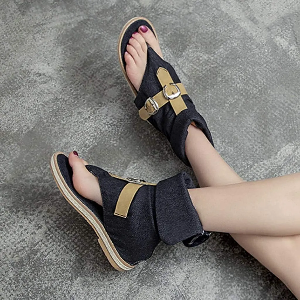 MIOKE Women's Denim Flat Sandals Cuff Booties Buckle Zipper Comfort Summer Casual Thong Flip Flops Shoes