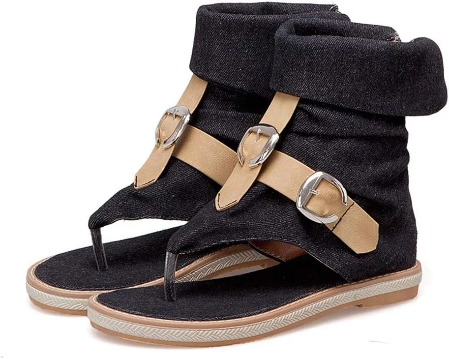 MIOKE Women's Denim Flat Sandals Cuff Booties Buckle Zipper Comfort Summer Casual Thong Flip Flops Shoes