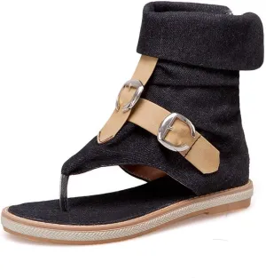 MIOKE Women's Denim Flat Sandals Cuff Booties Buckle Zipper Comfort Summer Casual Thong Flip Flops Shoes
