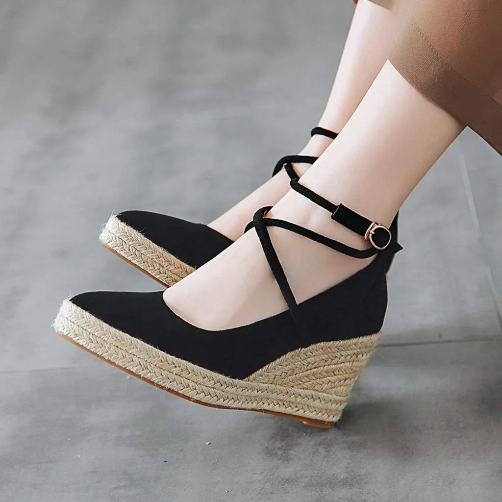 MIOKE Women's Espadrille Wedge Sandals Pointed Toe Ankle Strappy Chunky Platform High Heel Dress Shoes