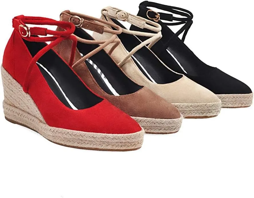 MIOKE Women's Espadrille Wedge Sandals Pointed Toe Ankle Strappy Chunky Platform High Heel Dress Shoes