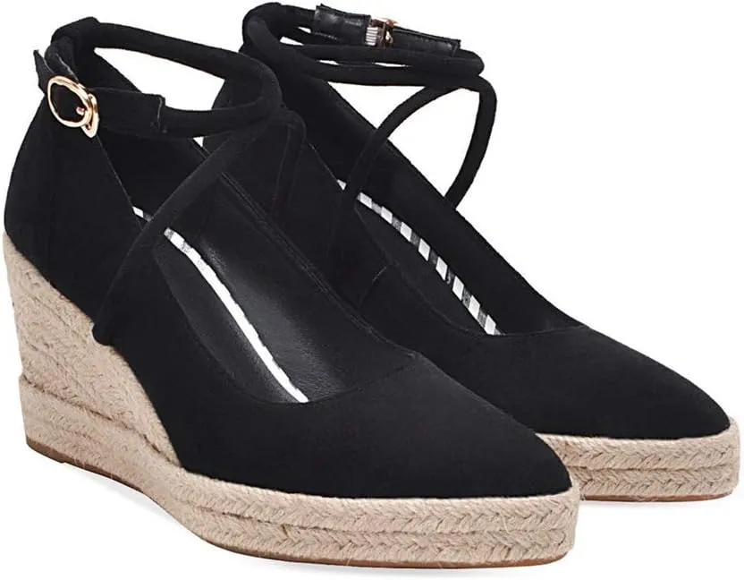 MIOKE Women's Espadrille Wedge Sandals Pointed Toe Ankle Strappy Chunky Platform High Heel Dress Shoes