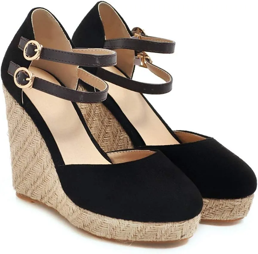 MIOKE Women's Espadrille Wedge Sandals Round Toe Buckle Ankle Strap Platform Chunky High Heel Dress Shoes