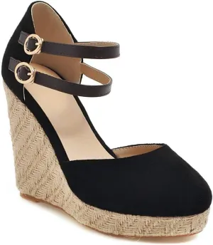 MIOKE Women's Espadrille Wedge Sandals Round Toe Buckle Ankle Strap Platform Chunky High Heel Dress Shoes