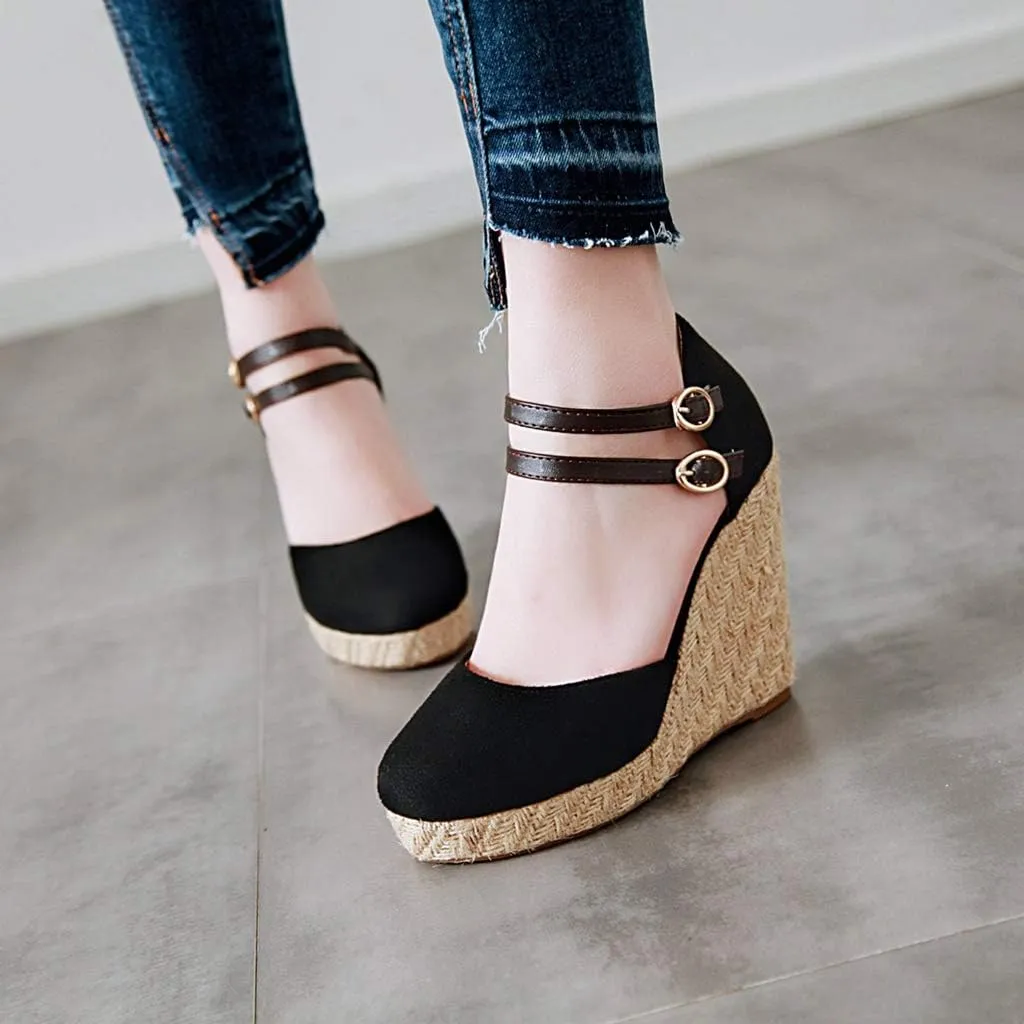 MIOKE Women's Espadrille Wedge Sandals Round Toe Buckle Ankle Strap Platform Chunky High Heel Dress Shoes