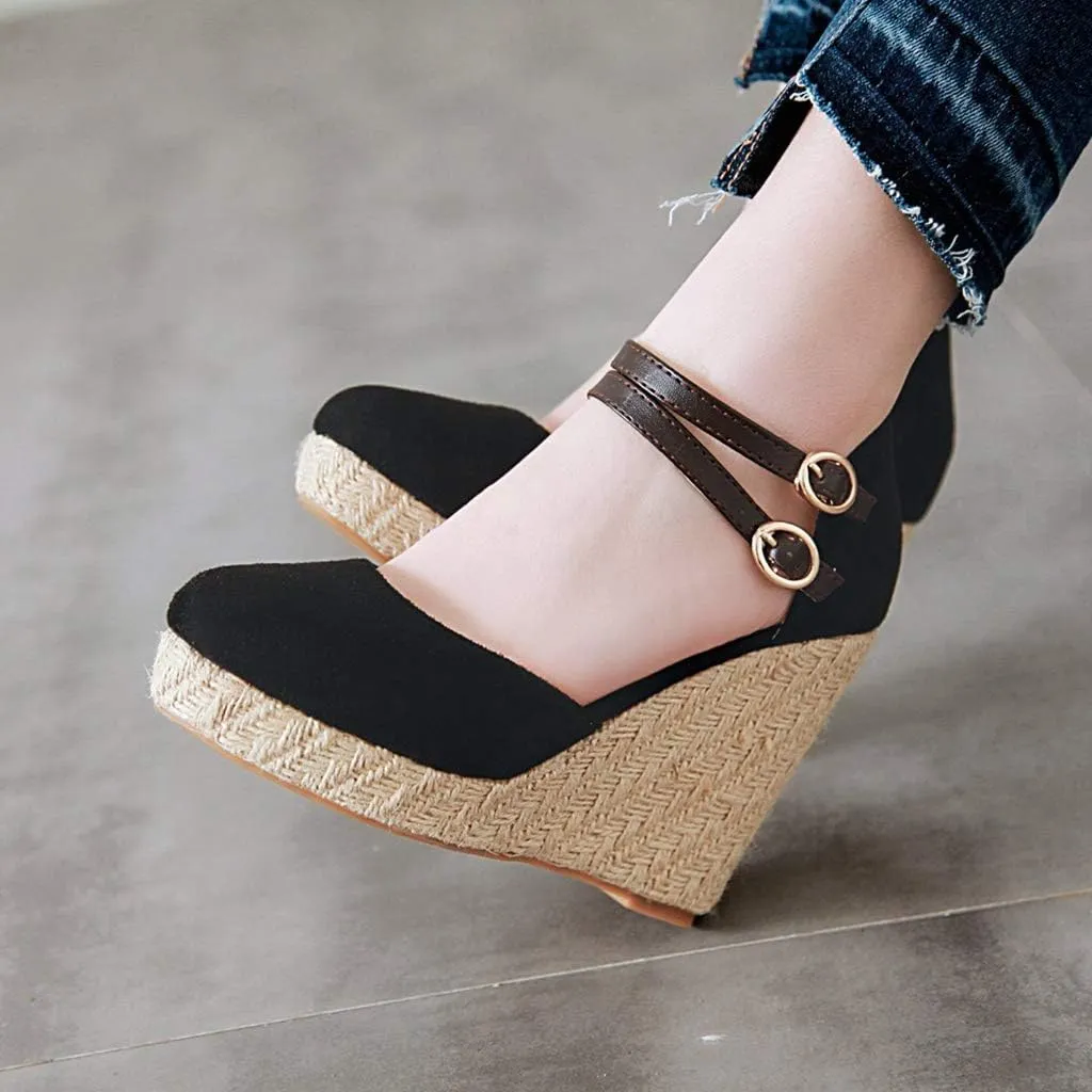 MIOKE Women's Espadrille Wedge Sandals Round Toe Buckle Ankle Strap Platform Chunky High Heel Dress Shoes