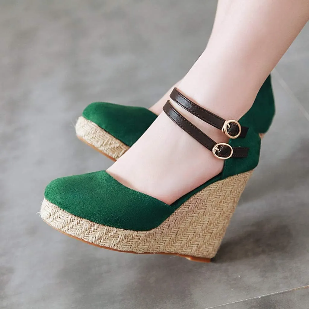 MIOKE Women's Espadrille Wedge Sandals Round Toe Buckle Ankle Strap Platform Chunky High Heel Dress Shoes