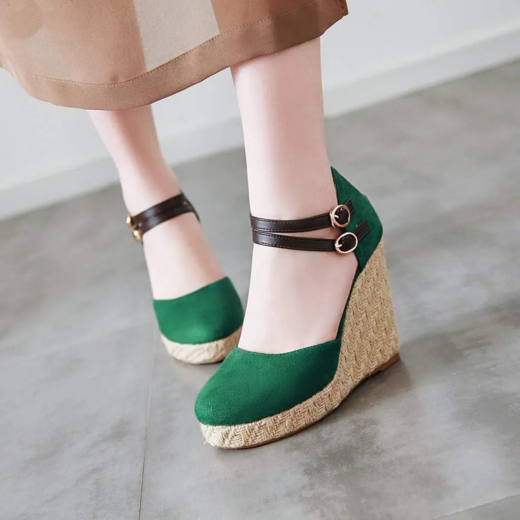 MIOKE Women's Espadrille Wedge Sandals Round Toe Buckle Ankle Strap Platform Chunky High Heel Dress Shoes