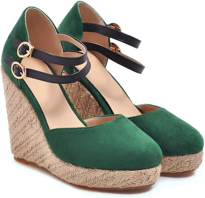 MIOKE Women's Espadrille Wedge Sandals Round Toe Buckle Ankle Strap Platform Chunky High Heel Dress Shoes