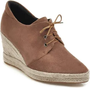 MIOKE Women's Lace Up Espadrilles Wedge Pumps Close Pointed Toe Platform High Heels Casual Sandals Shoes