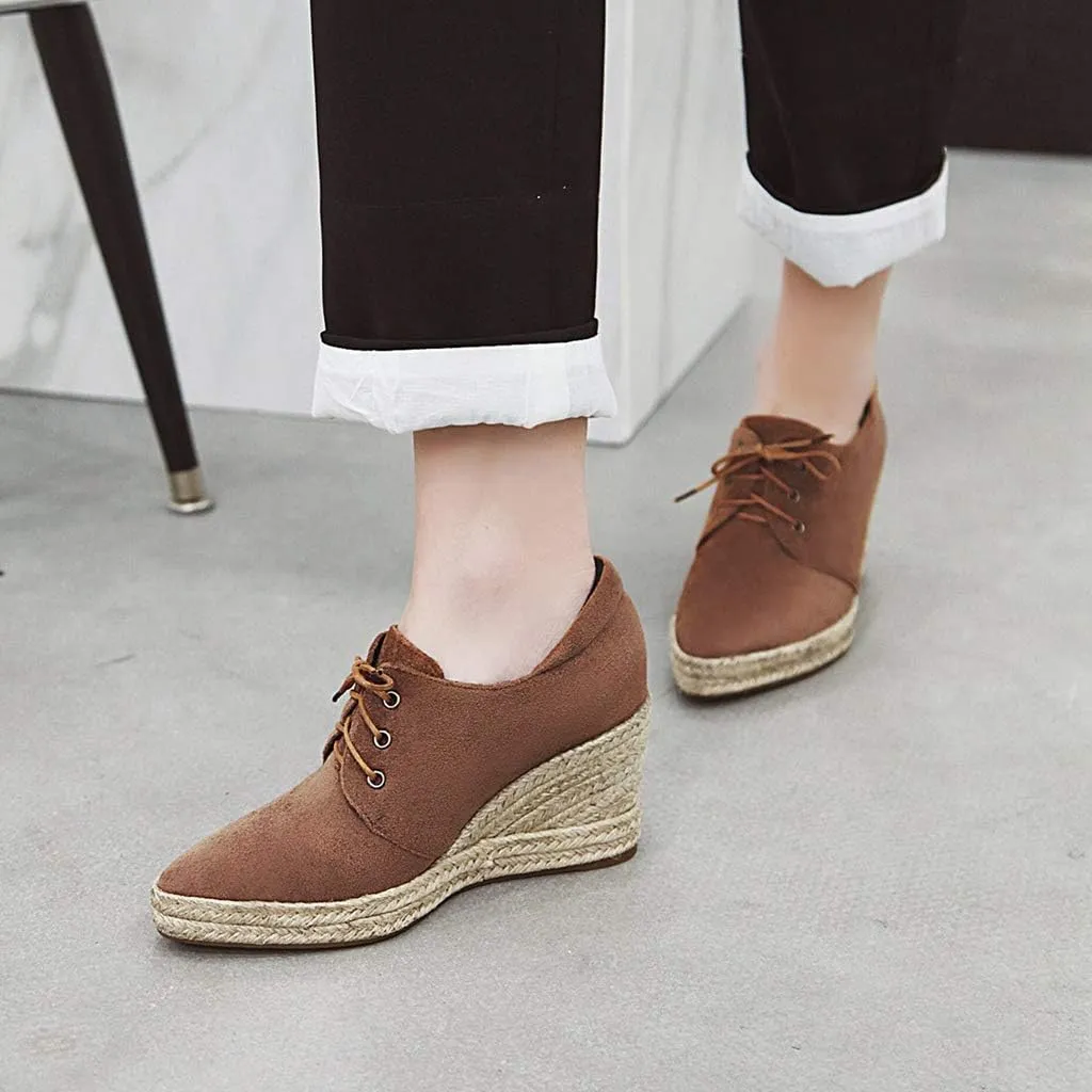 MIOKE Women's Lace Up Espadrilles Wedge Pumps Close Pointed Toe Platform High Heels Casual Sandals Shoes