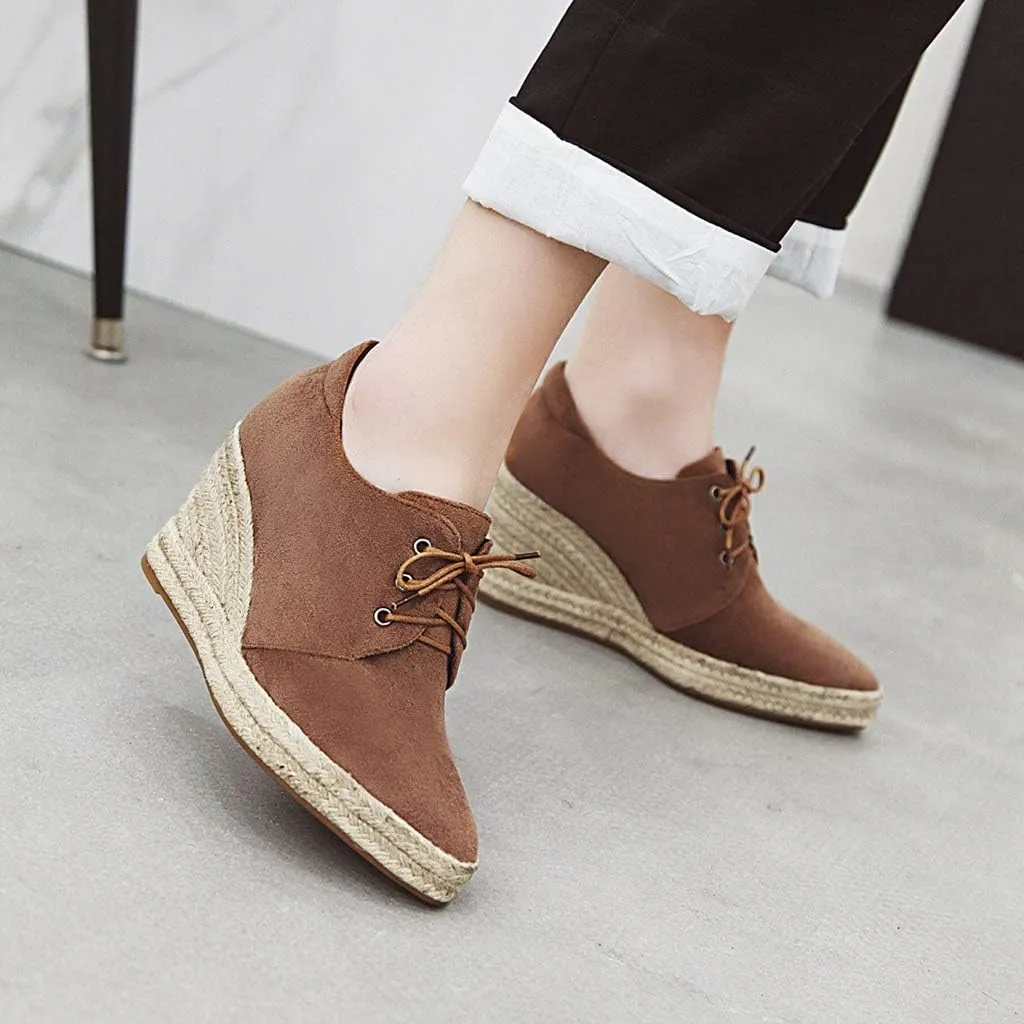 MIOKE Women's Lace Up Espadrilles Wedge Pumps Close Pointed Toe Platform High Heels Casual Sandals Shoes