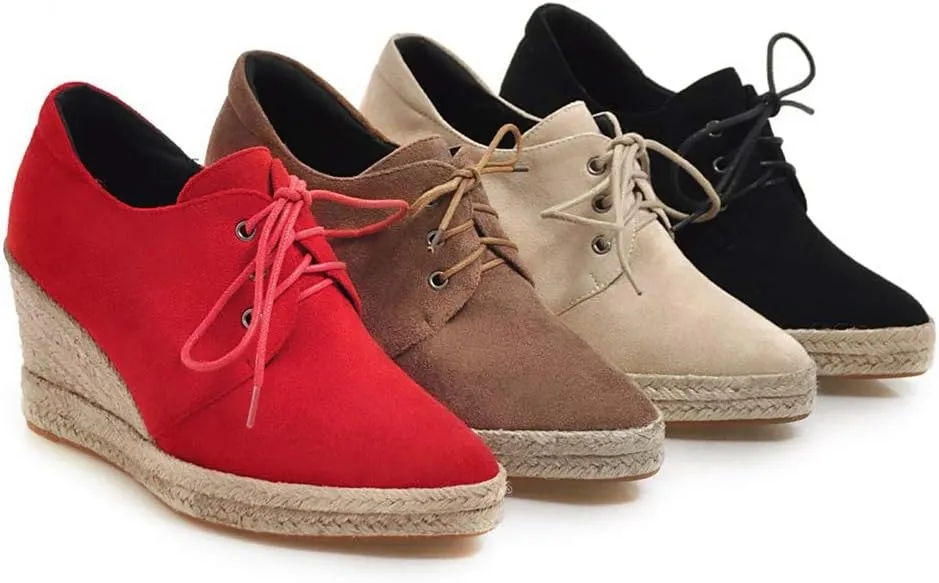 MIOKE Women's Lace Up Espadrilles Wedge Pumps Close Pointed Toe Platform High Heels Casual Sandals Shoes