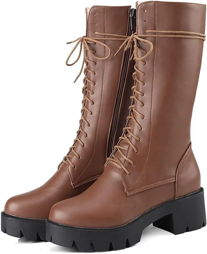 MIOKE Women's Round Toe Lace Up Dressy Boots Mid Wide Calf Platform Chunky Mid Heel Western Riding Boots