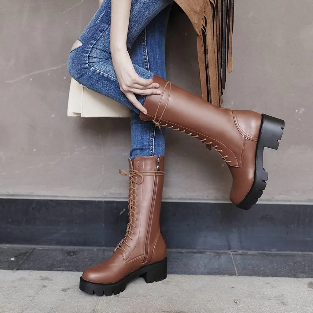 MIOKE Women's Round Toe Lace Up Dressy Boots Mid Wide Calf Platform Chunky Mid Heel Western Riding Boots