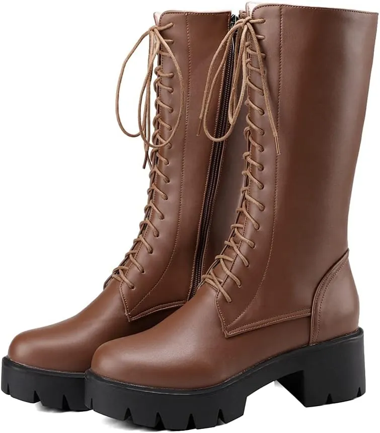 MIOKE Women's Round Toe Lace Up Dressy Boots Mid Wide Calf Platform Chunky Mid Heel Western Riding Boots