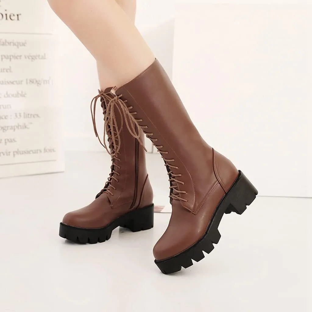 MIOKE Women's Round Toe Lace Up Dressy Boots Mid Wide Calf Platform Chunky Mid Heel Western Riding Boots