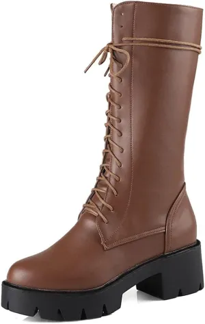 MIOKE Women's Round Toe Lace Up Dressy Boots Mid Wide Calf Platform Chunky Mid Heel Western Riding Boots