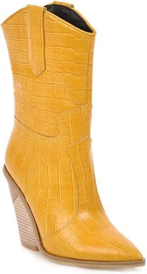 MIOKE Women's Western Cowboy Chelsea Ankle Boots Pointed Toe Pull On Chunky Stacked High Heel Riding Booties
