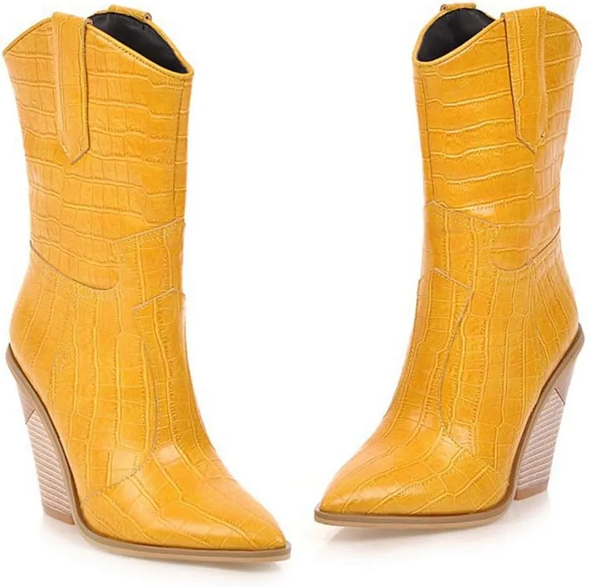 MIOKE Women's Western Cowboy Chelsea Ankle Boots Pointed Toe Pull On Chunky Stacked High Heel Riding Booties