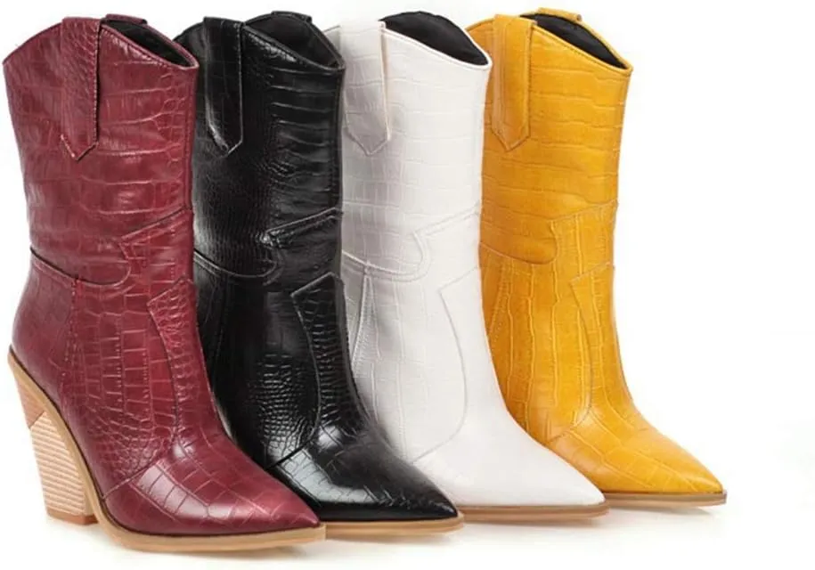 MIOKE Women's Western Cowboy Chelsea Ankle Boots Pointed Toe Pull On Chunky Stacked High Heel Riding Booties