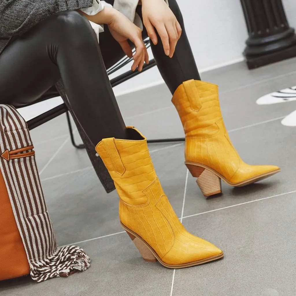 MIOKE Women's Western Cowboy Chelsea Ankle Boots Pointed Toe Pull On Chunky Stacked High Heel Riding Booties