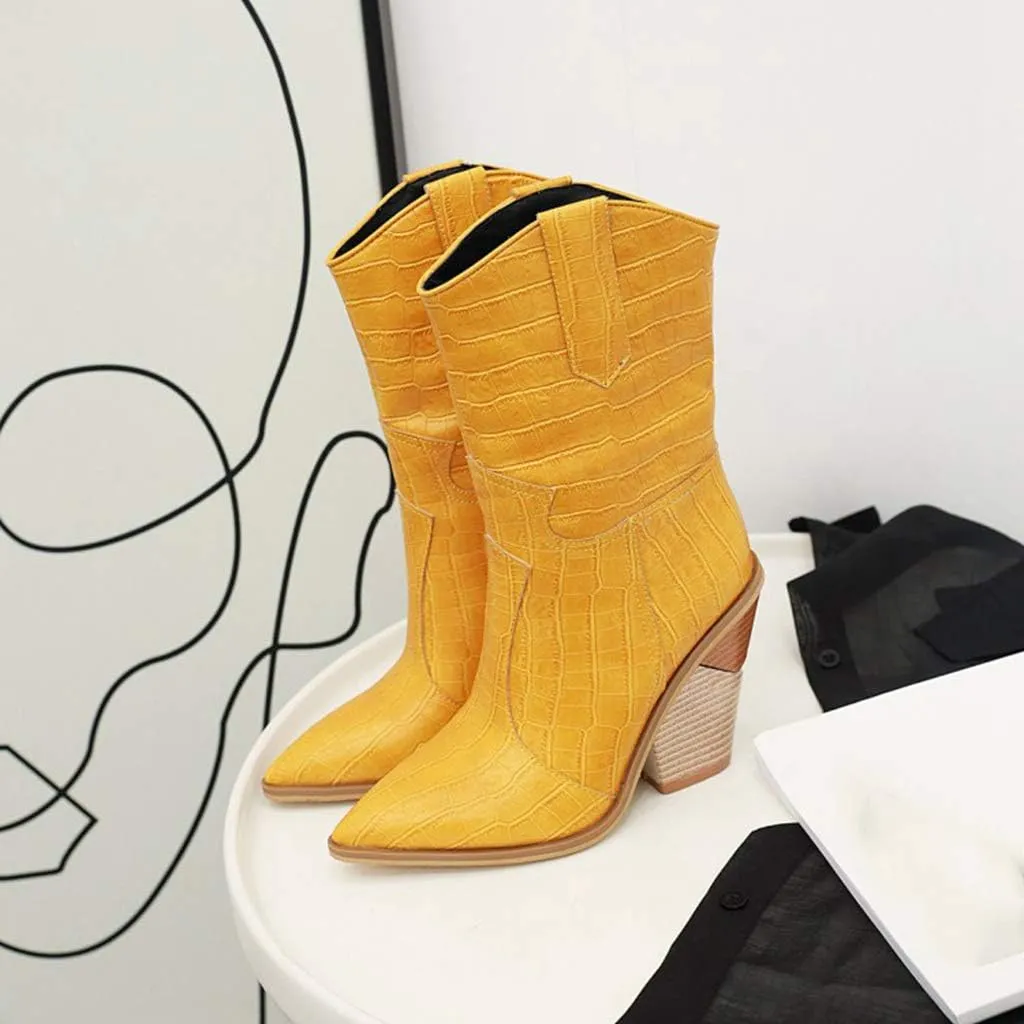 MIOKE Women's Western Cowboy Chelsea Ankle Boots Pointed Toe Pull On Chunky Stacked High Heel Riding Booties