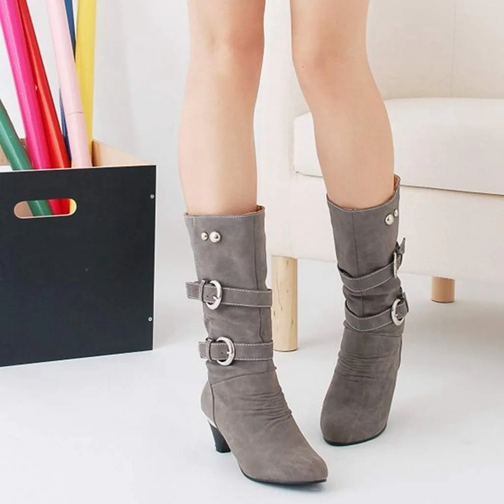 MIOKE Women's Winter Buckle Mid Calf Boots Round Toe Pull On Wide Width Kitten Low Heel Warm Slouch Boots
