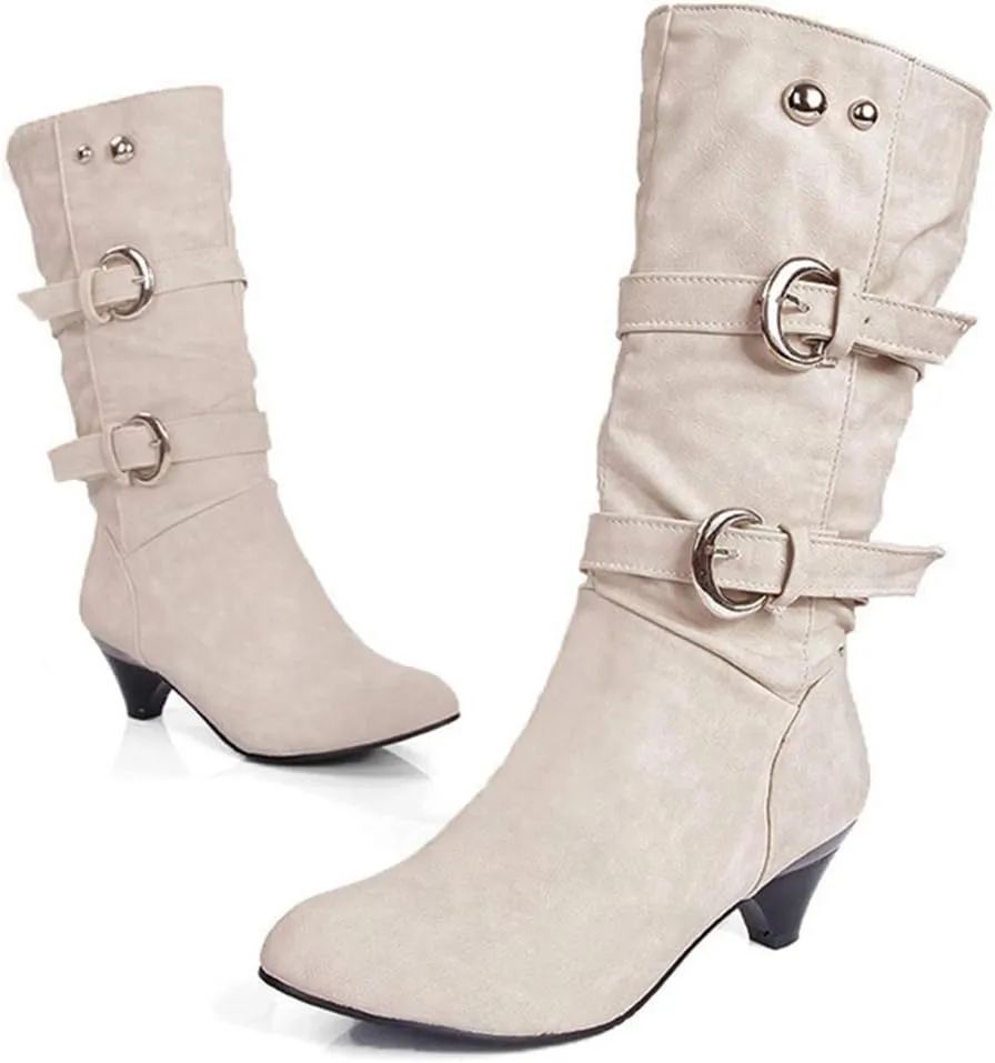 MIOKE Women's Winter Buckle Mid Calf Boots Round Toe Pull On Wide Width Kitten Low Heel Warm Slouch Boots