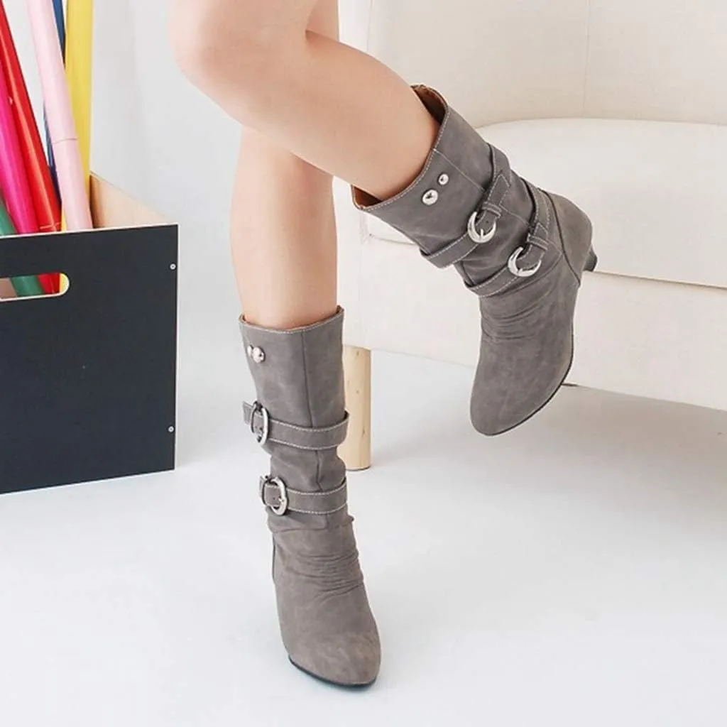 MIOKE Women's Winter Buckle Mid Calf Boots Round Toe Pull On Wide Width Kitten Low Heel Warm Slouch Boots